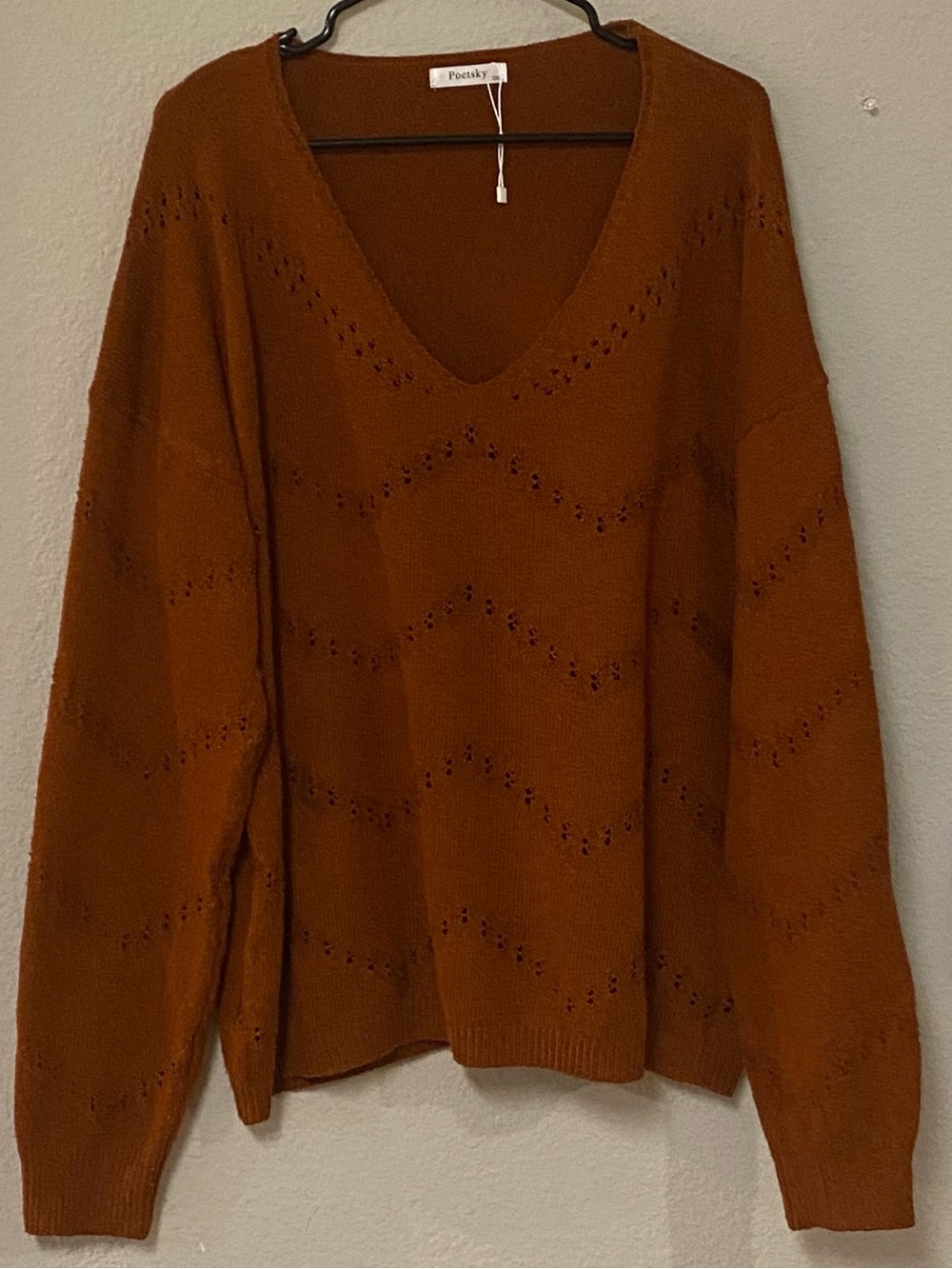 Poetsky Rust Pointelle V-Neck Sweater - Quick List For Live